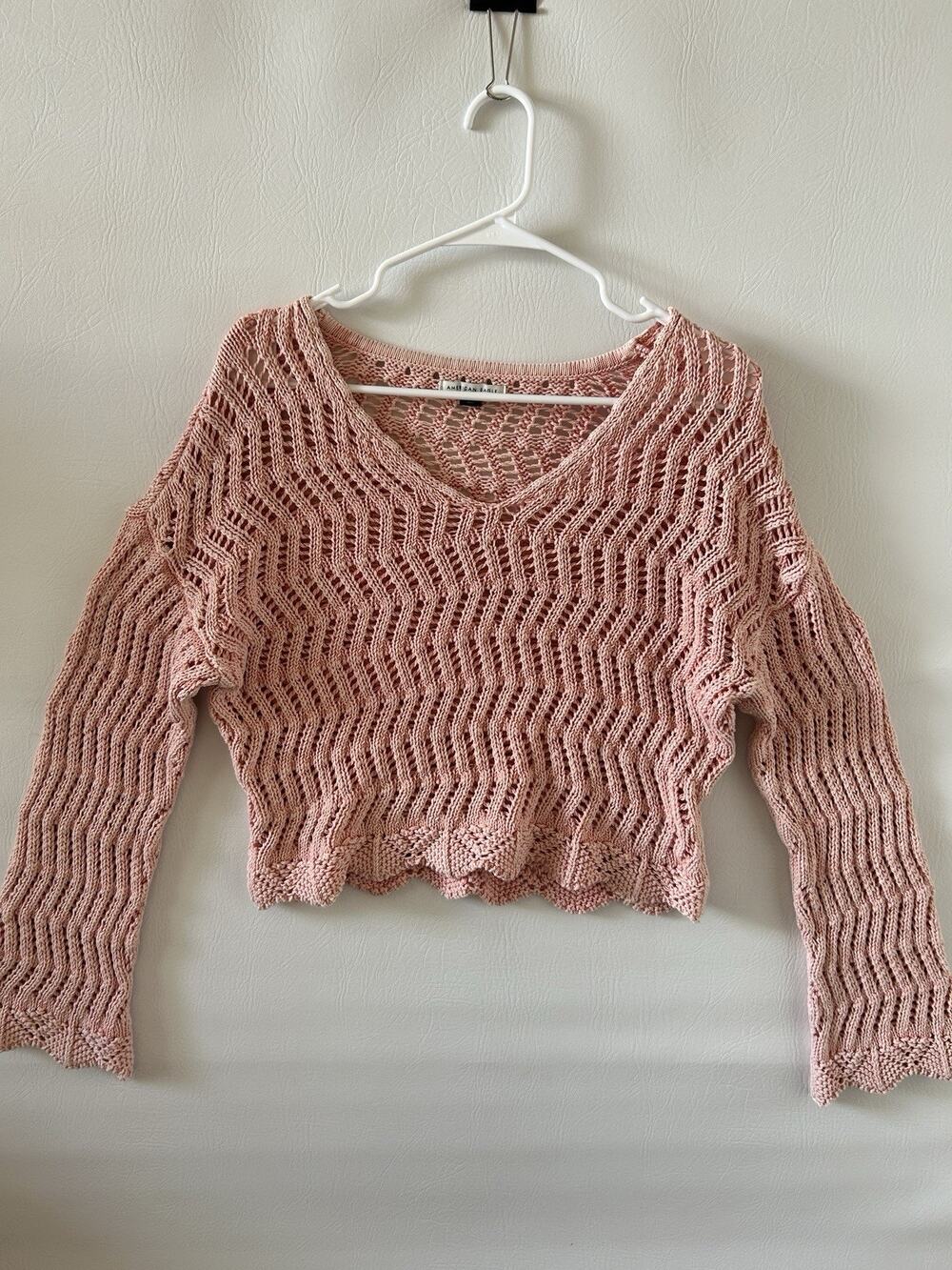 American Eagle Womens Open Knit Crop Sweater Pink Long Sleeve V Neck Size S